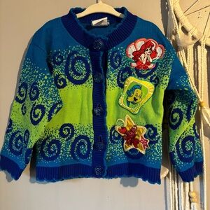 Vintage Little Mermaid Kids Cardigan with Patches and Blue Rose Button